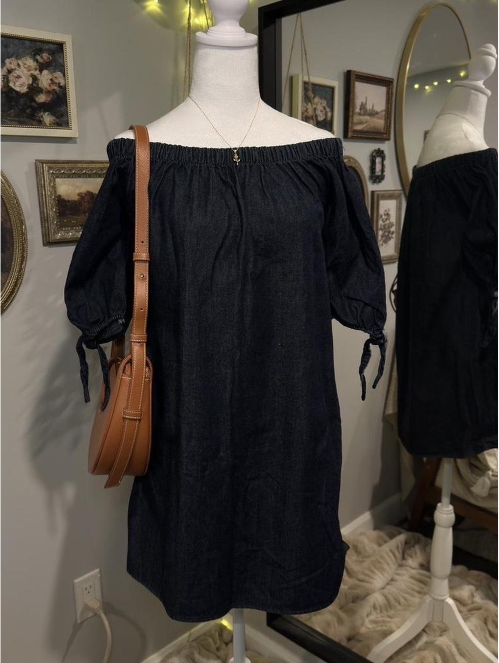 Dark denim off the shoulder dress with tie sleeve details